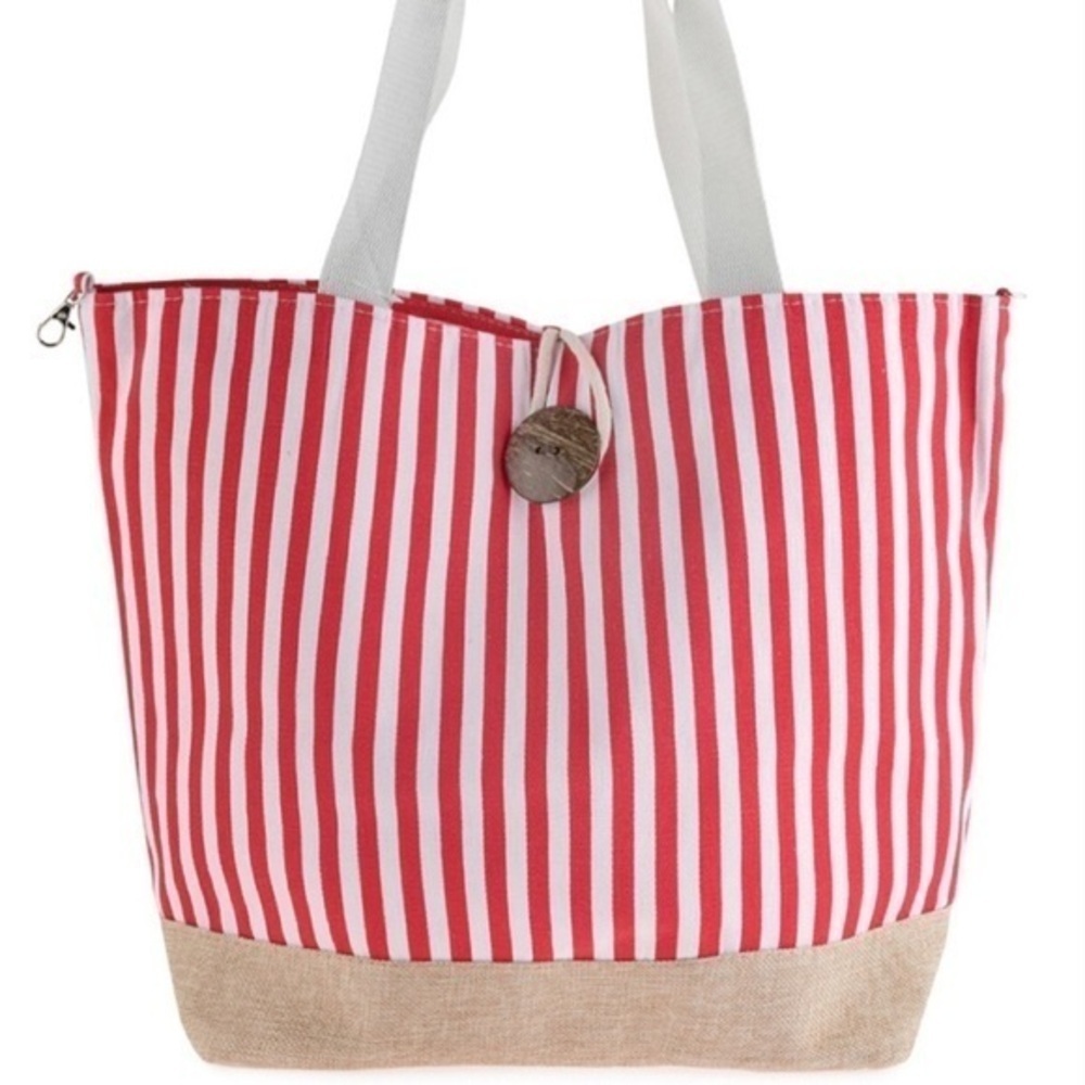 🆕Red striped tote bag w/coconut shell